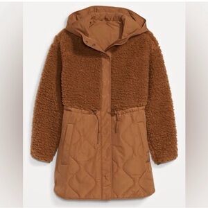 Old Navy Cognac Tan Quilted Sherpa Coat with Hood